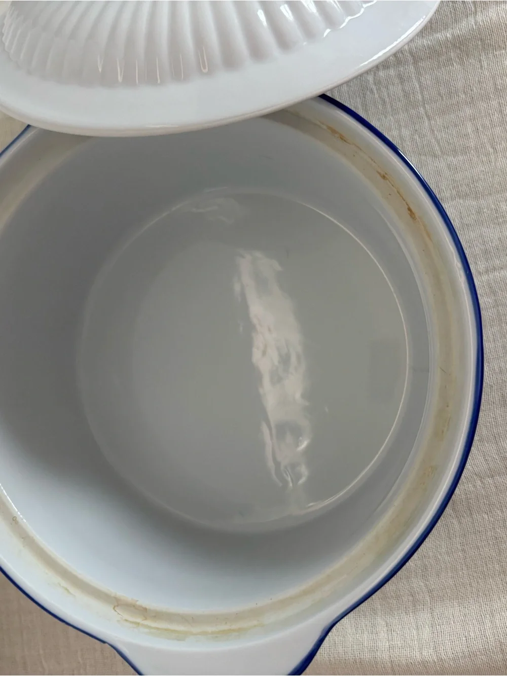 White Ceramic Covered Casserole with Blue Rim